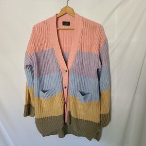 Vici Start Living Pastel Rainbow‎ Button Front Oversized Cardigan sz S/M